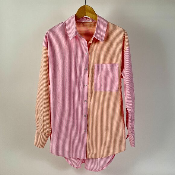 Primark Oversized  Colourblock Pink/Orange Pinstripe Button Up Shirt, Size 8 - Picture 2 of 11